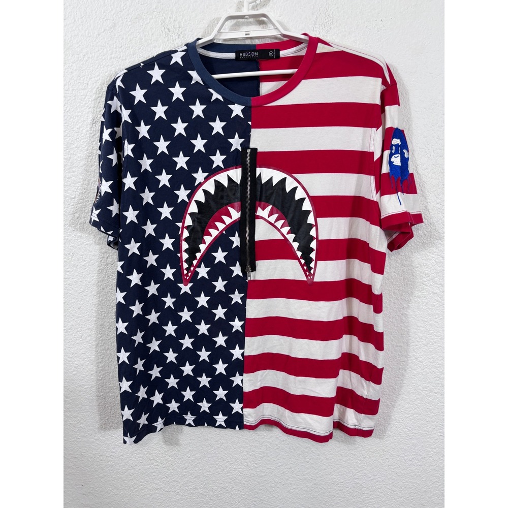 Hudson Outerwear Shark Mouth T-Shirt 4X Red White Blue USA Flag Stars Stripes